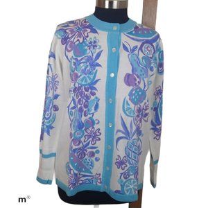 Bob Mackie Blue Fruit and Floral Cardigan …